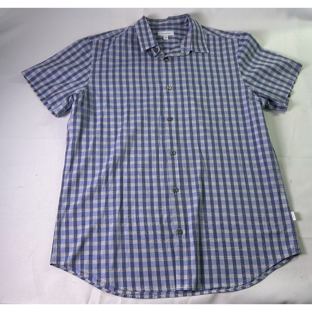 Calvin Klein Short Sleeve Button Down Shirt Blue White Gingham Check Prep Medium